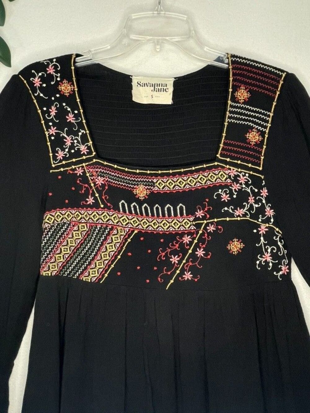 Savanna Jane Black Embroidered Boho Dress Festival Lightweight Flare Sleeve S - Picture 2 of 7